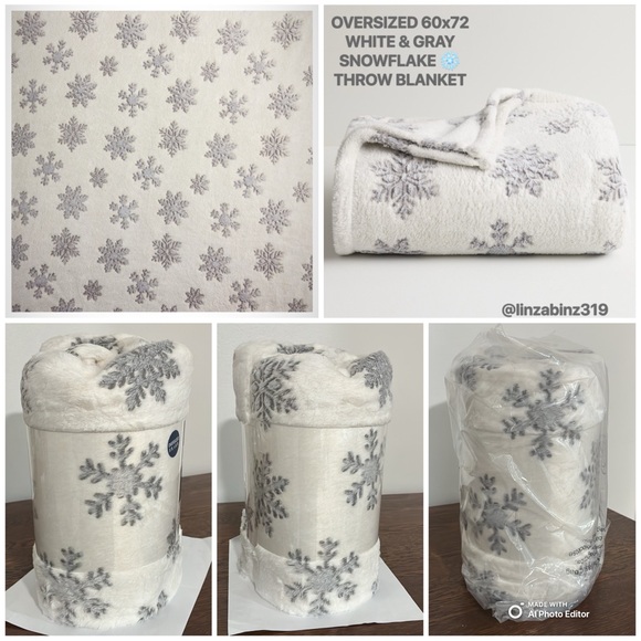 NWT- Oversized Plush- Snowflake Patterned White and Gray Holiday Blanket- 60x72 - Picture 1 of 17
